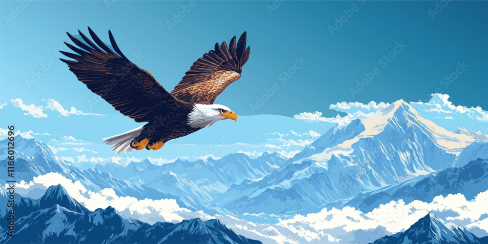 Obraz premium Eagle with brown wings and white head soaring across the sky over a picturesque mountain range with bright sunlight