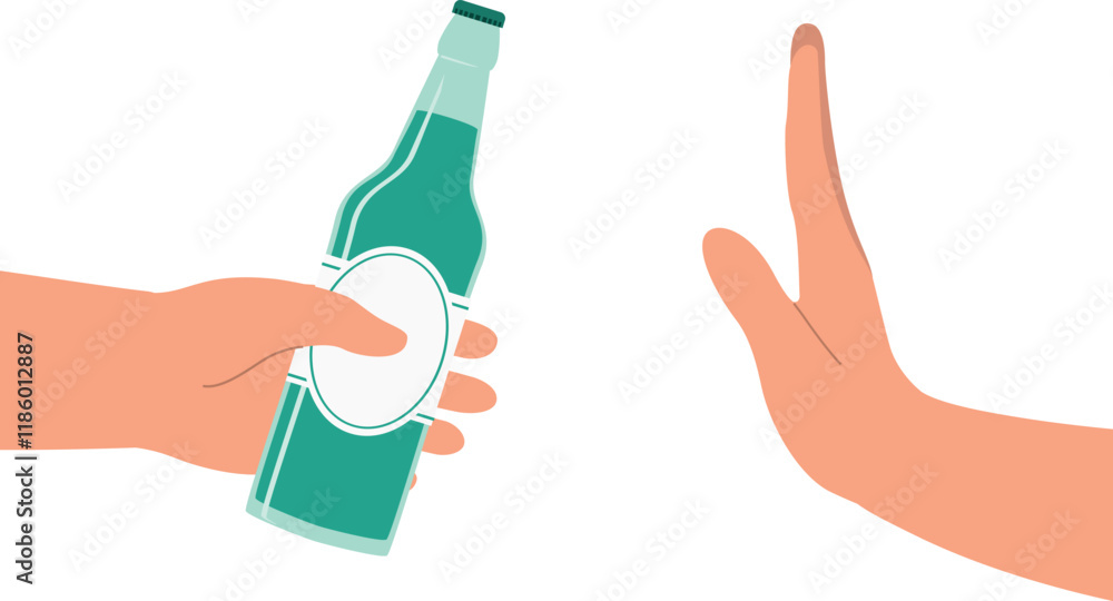 Fototapeta premium A Person’s Hand Pushing Away A Beer Bottle Offered By Another Person. 