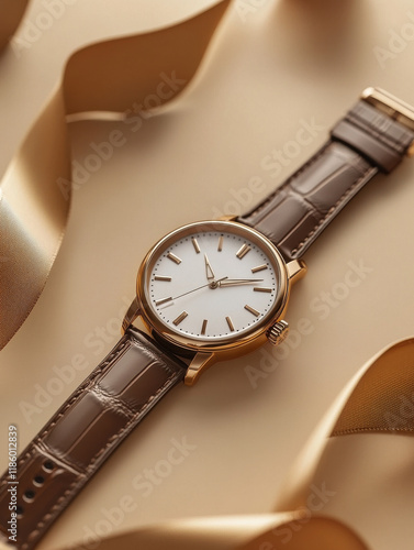 This elegant watch features a sleek white dial and brown leather strap, placed next to flowing gold ribbons. It highlights a classic yet modern aesthetic suitable for any occasion