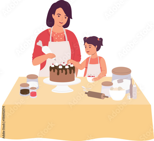 Smiling Little Daughter In Apron Helping Her Mother To Decorate The Chocolate Cake With Cherries.