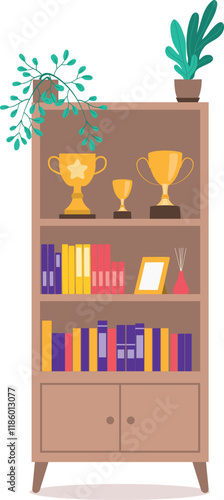 Front View Of One Tall Bookshelf Filled With Books And Decorations.