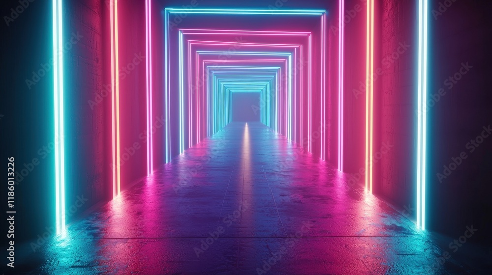 Futuristic neon tunnel with vibrant pink and blue glowing lights, creating a symmetrical and dynamic perspective, symbolizing innovation and cyberpunk aesthetics. Perfect for modern tech themes. Futuristic neon tunnel with vibrant pink and blue glowing lights, creating a symmetrical and dynamic perspective, symbolizing innovation and cyberpunk aesthetics. Perfect for modern tech themes.