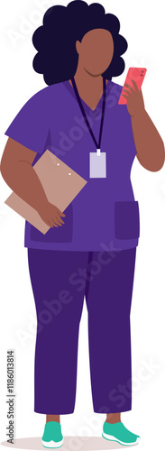 One Plus Size Black Female Nurse In Medical Scrub Standing And Using A Smartphone.