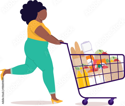 Side View Of A Plus Size Black Woman Running While Pushing A Shopping Cart Full Of Groceries.