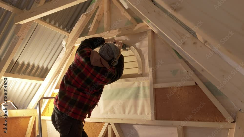 Handyman with earmuffs use jigsaw to cut half moon window in wooden tiny home Handyman with earmuffs use jigsaw to cut half moon window in wooden tiny home
