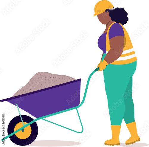 Side View Of A Plus Size Black Woman Construction Worker With Safety Helmet, Reflective Vest, Rubber Boot And Glove Walking While Pushing A Wheelbarrow Loaded With Sands.