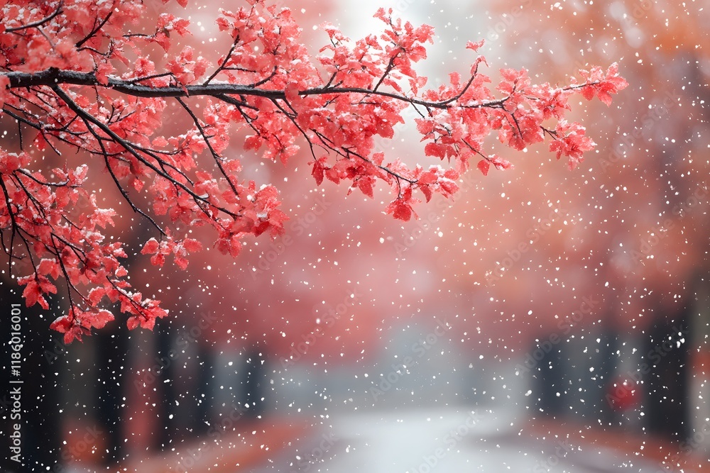 Tranquil Winter Scene with Snowfall and Vibrant Red Autumn Leaves Tranquil Winter Scene with Snowfall and Vibrant Red Autumn Leaves