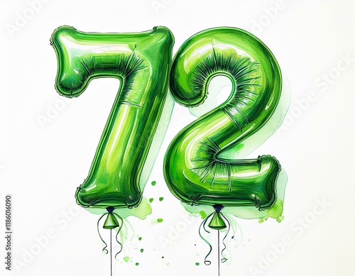 Green birthday / anniversary party balloon, number 72, watercolor painting with white background photo