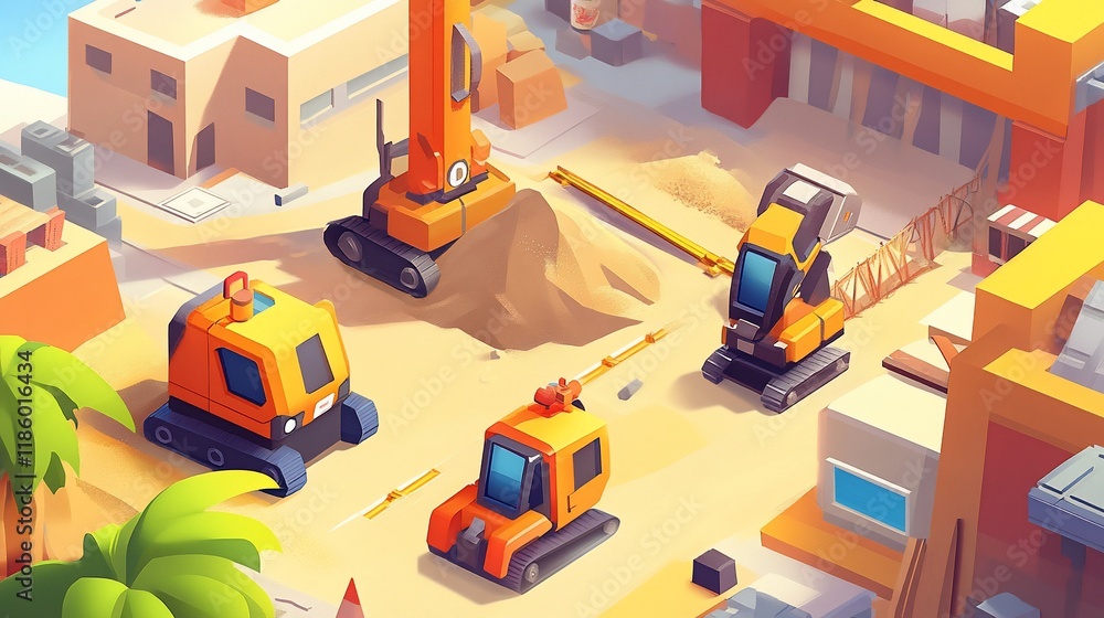 Obraz premium Construction Site: A Vibrant Illustration of Heavy Machinery and Urban Development