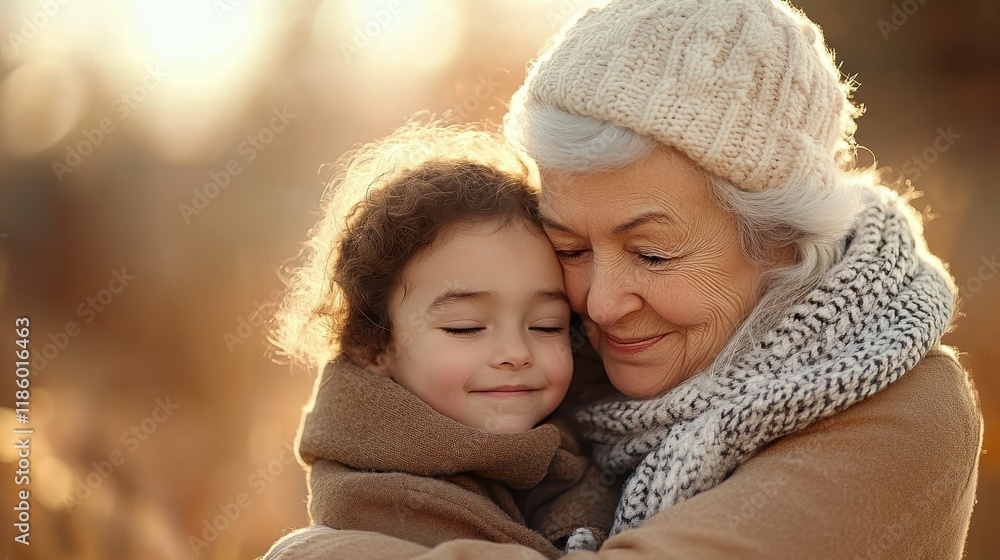 Obraz premium Heartwarming Candid Moment of Senior Woman Embracing Young Girl in Warm Hug During Golden Hour of Natural Light