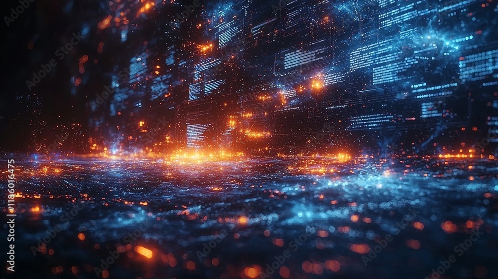 Fototapeta premium Glowing futuristic motion in a digital cyber environment where data flows through a cybernetic space, an abstract visualization concept