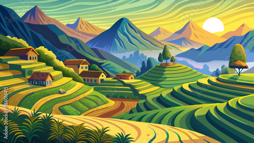 Landscape of terraced rice paddy on harvesting season in Ha Giang province, Viet Nam.
