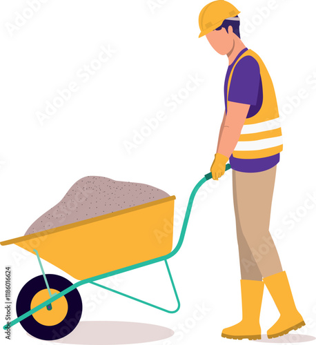 Side View Of A Young Man Construction Worker With Safety Helmet, Reflective Vest, Rubber Boot And Glove Walking While Pushing A Wheelbarrow Loaded With Sands.