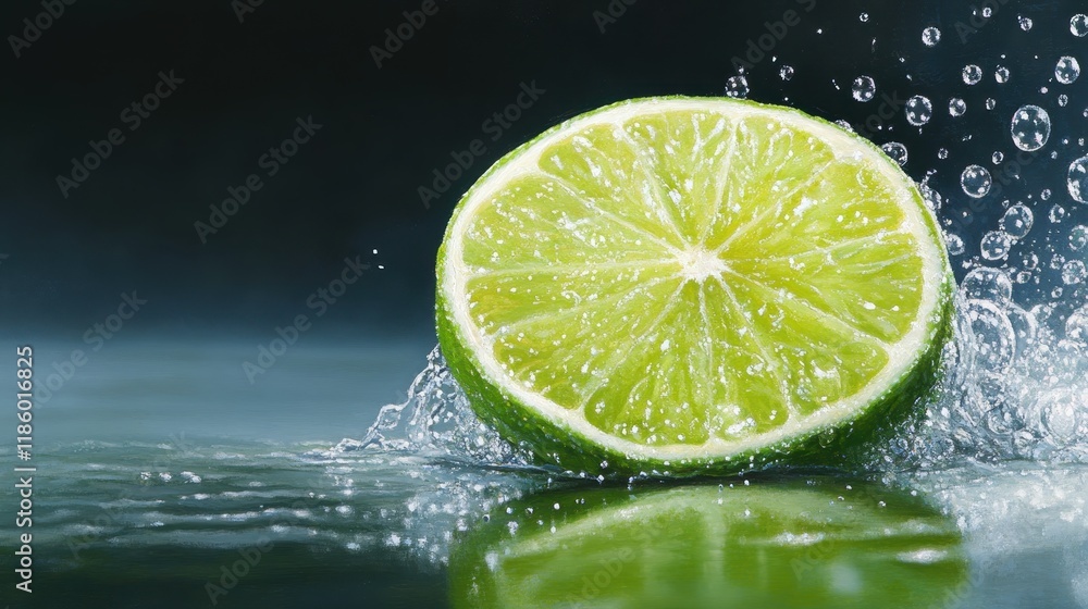 Close-Up of Fresh Lime Slice with Sparkling Water Droplets Splashing in Artistic Presentation Close-Up of Fresh Lime Slice with Sparkling Water Droplets Splashing in Artistic Presentation