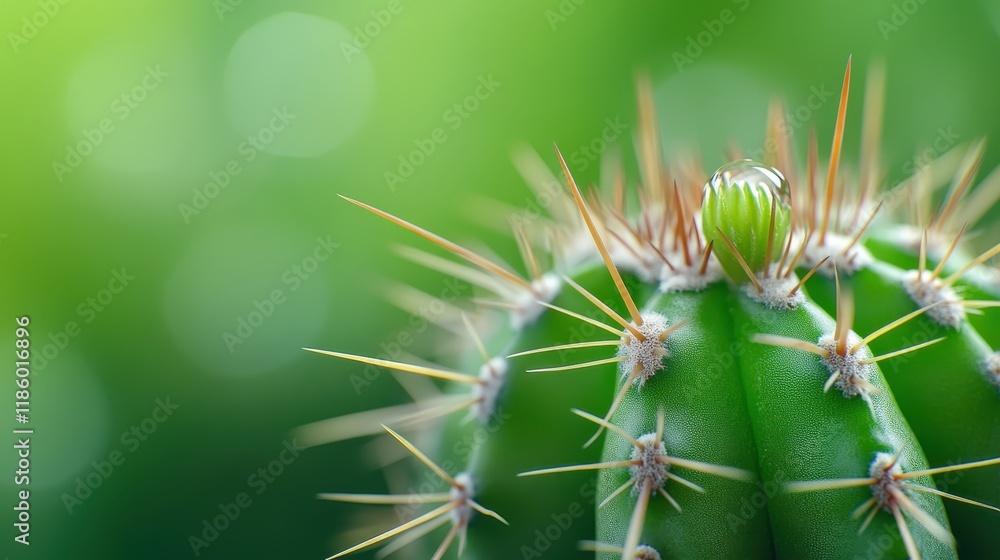 Artistic Close-Up of Cactus Needles with Water Droplets on Green Background Artistic Close-Up of Cactus Needles with Water Droplets on Green Background