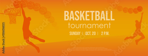 Basketball banner with players, hoop and balls. Modern sports background design for tournament announcement. Basketball college league. Sports print, cover, template.