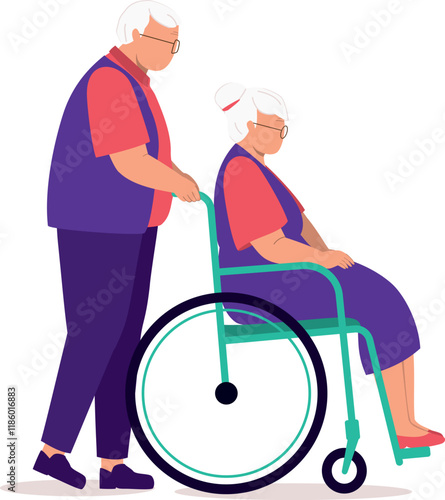 Side View Of Elderly Man Pushing His Disabled Wife In Wheelchair.