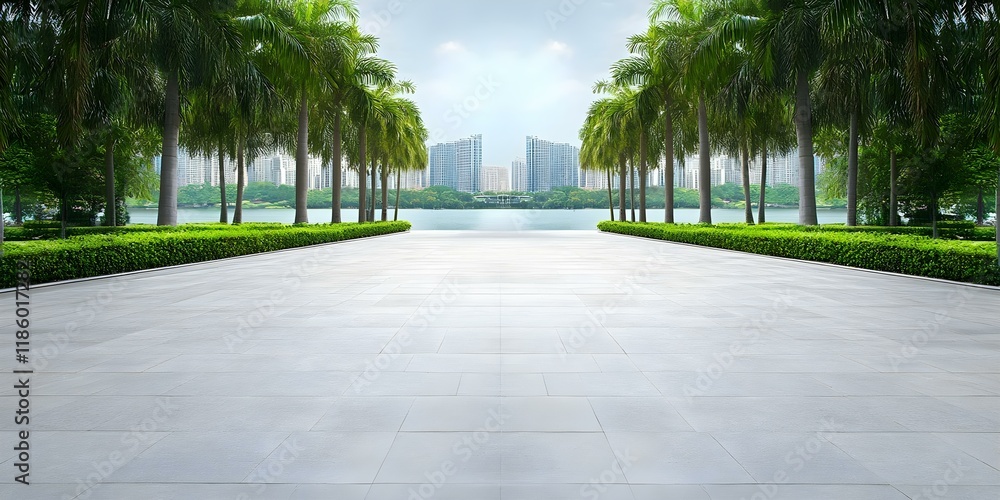 Fototapeta premium A serene pathway lined with palm trees leading to a lake, surrounded by greenery and modern buildings in the background. Concept Serene Pathway, Palm Trees, Tranquil Lake, Lush Greenery