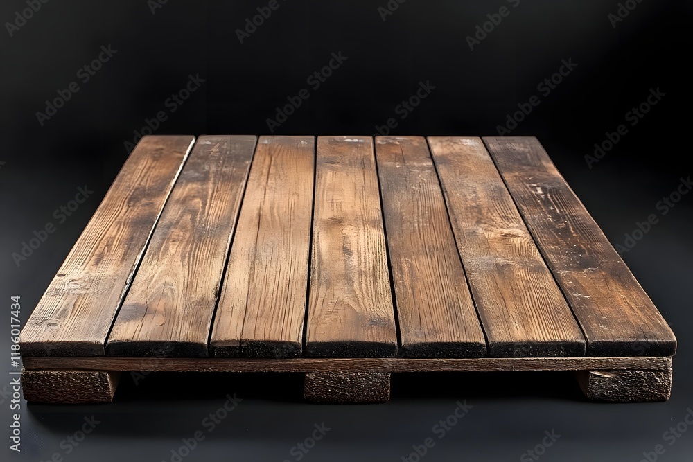Rustic wooden pallet platform, dark background, studio, product display Rustic wooden pallet platform, dark background, studio, product display