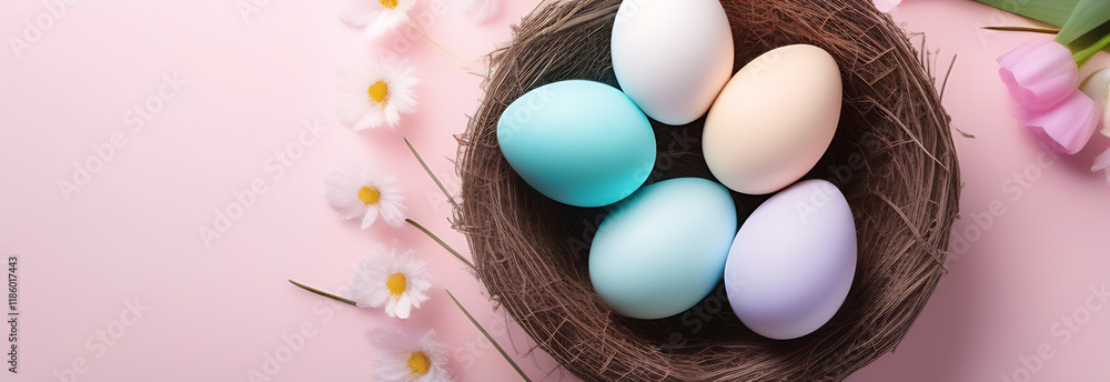 Fototapeta premium Colorful Easter eggs in pastel colors and spring flowers on a light pink background. An Easter card.