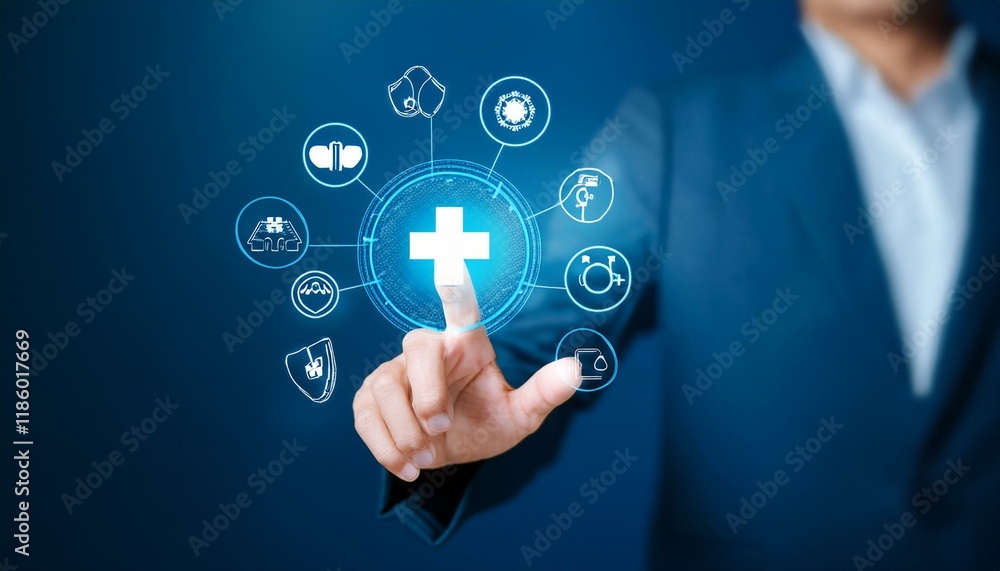 hand pushing button on a interface. Hand choose healthcare medical icon. Health insurance health concept. access to serve hand pushing button on a interface. Hand choose healthcare medical icon. Health insurance health concept. access to serve