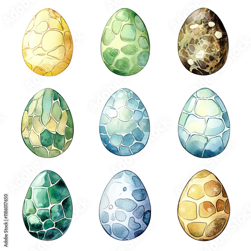 Series of watercolor dinosaur eggs isolated on a white background. photo