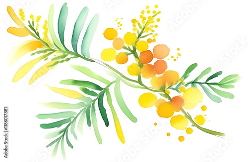 A sprig of mimosa on a white background.