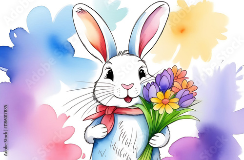 Happy Easter white rabbit on the lawn with spring flowers. An Easter card.