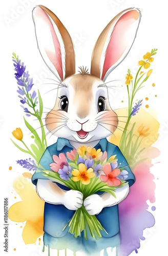 Happy Easter white rabbit on the lawn with spring flowers. An Easter card.