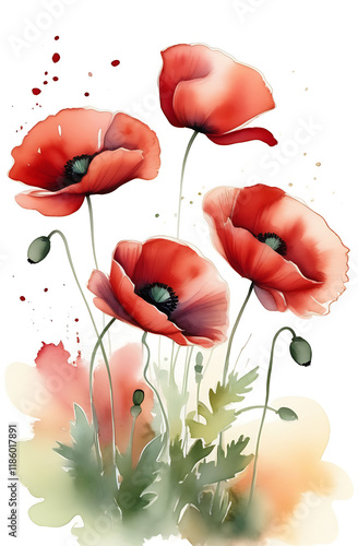 Beautiful red poppies on a white background, vintage watercolor drawing.