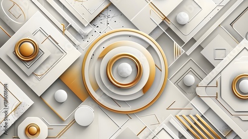 Abstract geometric design in neutral tones with golden accents and circular forms.