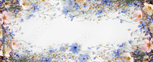 Horizontal flowera frame with beautiful wild flowers on white background, top. Banner
