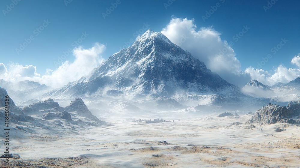 Majestic snow-capped mountain peak rising above a vast, icy, desert landscape under a bright blue sky.