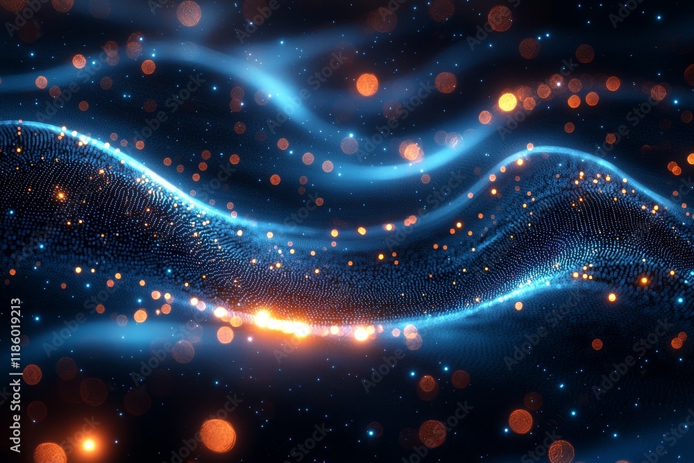 Blue particles swirling around rings in space, blending futuristic technology and digital art concepts Blue particles swirling around rings in space, blending futuristic technology and digital art concepts