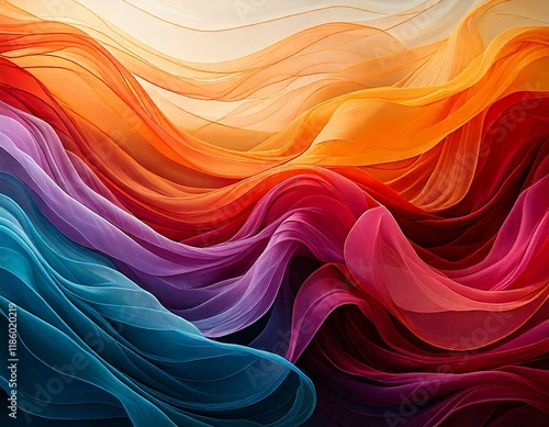 Vibrant, colorful, wavy, dynamic, abstract, textured, translucent, flowing, intricate, layered, harmonious, vivid, energetic, gradient, luminous, elegant, radiant, captivating, undulating, fabric, aes photo