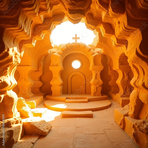 Sunlit sand cave chapel interior. photo