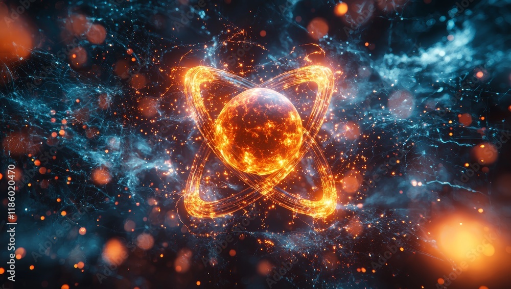 Exploring atomic structures within the cosmic environment through digital art as an abstract visualization of the inner universe concept Exploring atomic structures within the cosmic environment through digital art as an abstract visualization of the inner universe concept