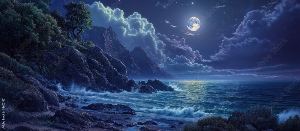 Fototapeta premium Serene moonlit coastal scene at night with rocky shore, waves, and trees.