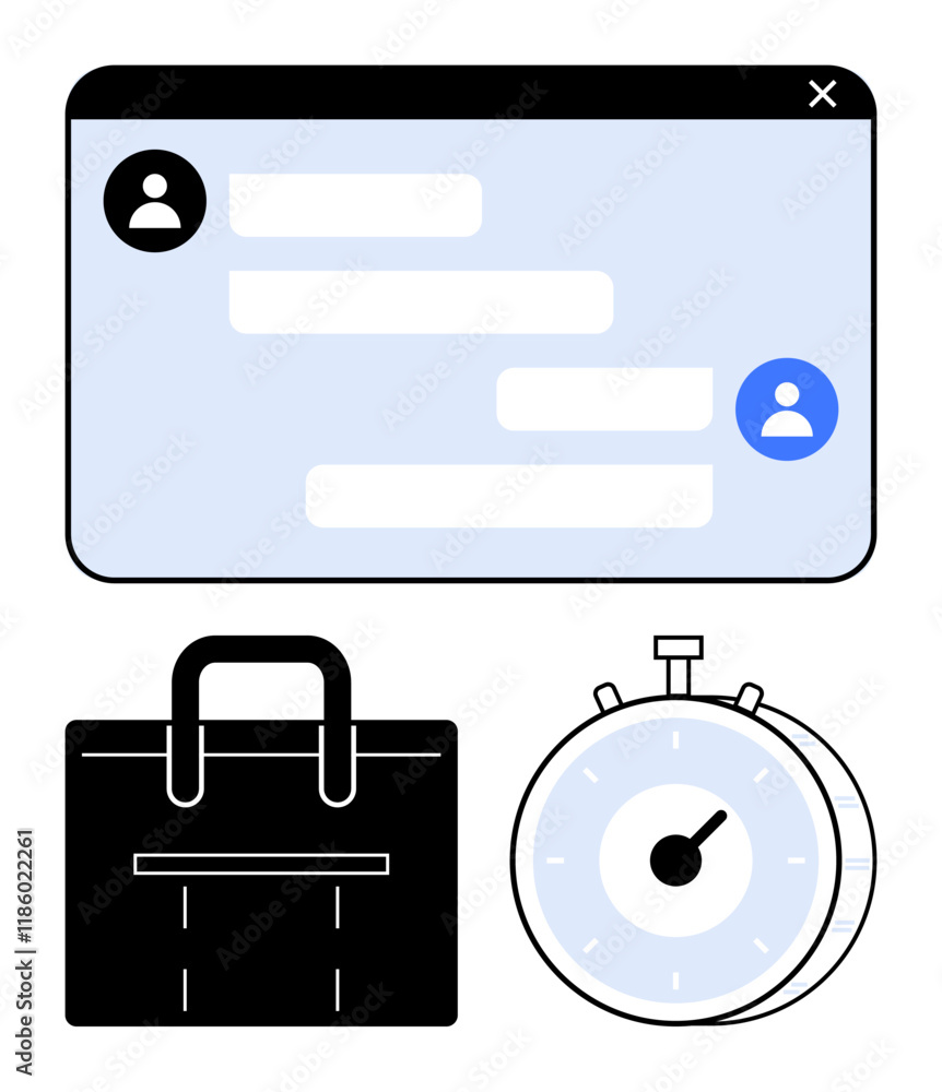 Messaging window, briefcase, and stopwatch highlighting productivity, organization, and communication. Ideal for teamwork, efficiency, deadlines, work-life balance project management modern Messaging window, briefcase, and stopwatch highlighting productivity, organization, and communication. Ideal for teamwork, efficiency, deadlines, work-life balance project management modern