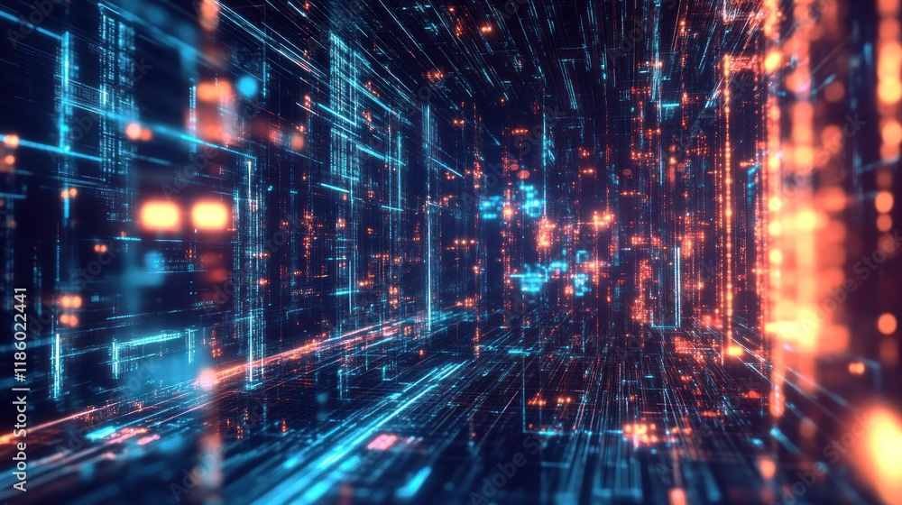 Fototapeta premium Abstract digital tunnel with glowing lines and data streams. (1)