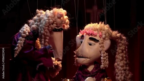 A dramatic scene from a puppet show featuring two expressive marionette characters with detailed costumes and intricate string work under dramatic lighting. Puppetry. Puppet.