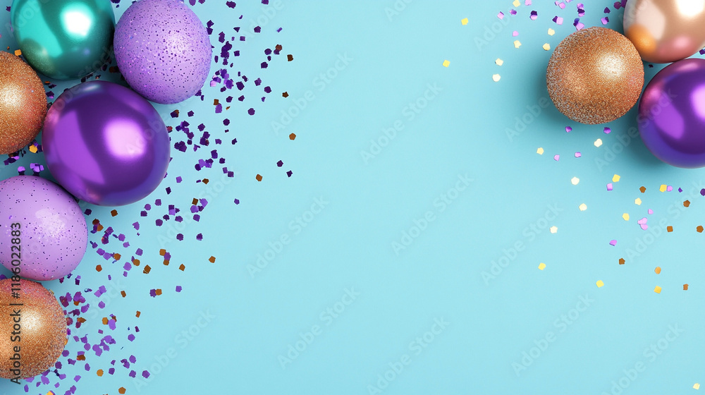 Glossy colorful spheres and confetti on blue background. Party decor, holiday design. Top view with copy space. Glossy colorful spheres and confetti on blue background. Party decor, holiday design. Top view with copy space.