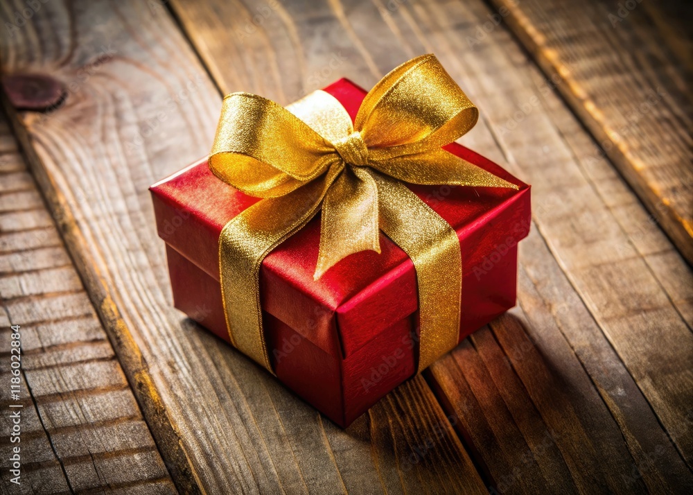 A festive red gift box, adorned with a golden bow, perfectly packages your Christmas celebration presents. A festive red gift box, adorned with a golden bow, perfectly packages your Christmas celebration presents.