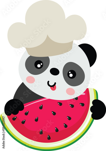 Panda cook holding slice of fresh watermelon