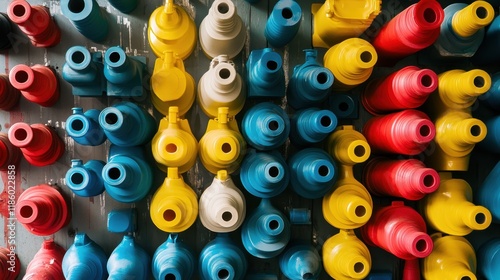 Plastic bottle preforms in a colorful array before processing. photo