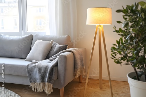 Cozy living room, floor lamp lit, sofa, plant, window