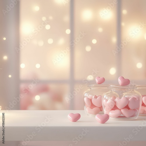 Soft pink heart-shaped candies are displayed in glass jars, set against a softly lit background, creating a romantic and whimsical atmosphere.