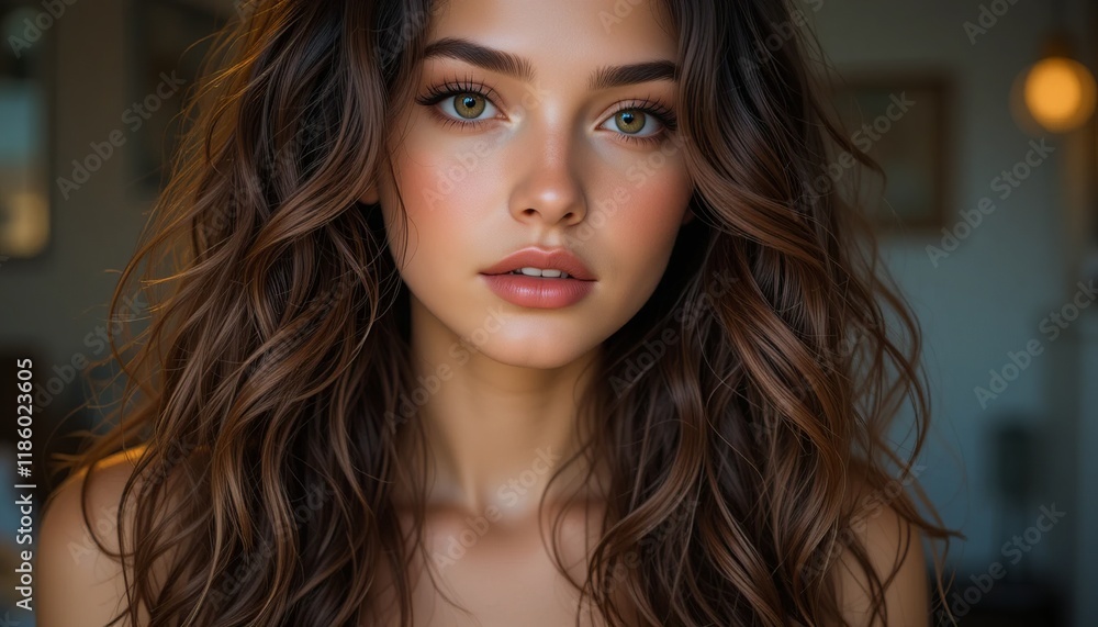 Captivating Gaze: Portrait of a Young Woman with Luxurious Brown Waves Captivating Gaze: Portrait of a Young Woman with Luxurious Brown Waves