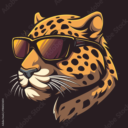 Leopard wearing sunglasses and a hat. The sunglasses are on the left side of the head and the hat is on the right side