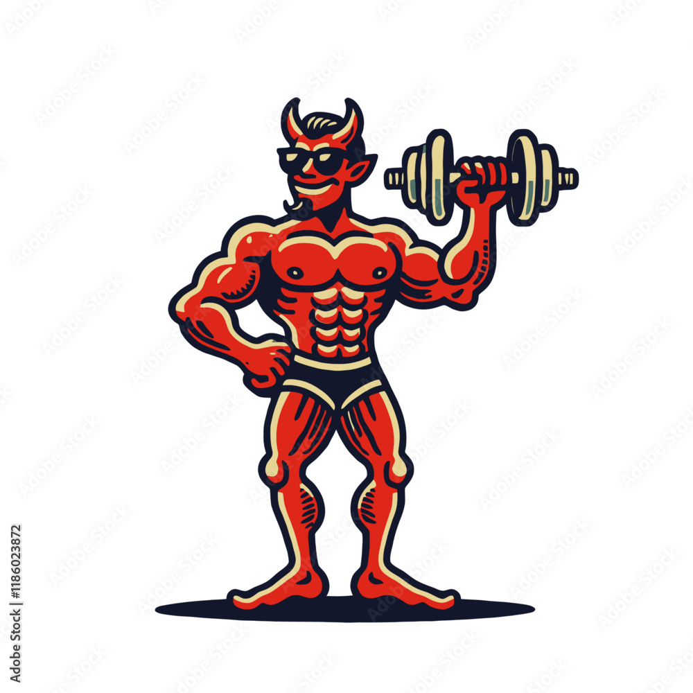 Cartoon devil lifting a dumbbell, confidently showcasing strength and fitness. Dynamic and bold character design for gym, workout, or branding concepts. Isolated vector illustration Cartoon devil lifting a dumbbell, confidently showcasing strength and fitness. Dynamic and bold character design for gym, workout, or branding concepts. Isolated vector illustration